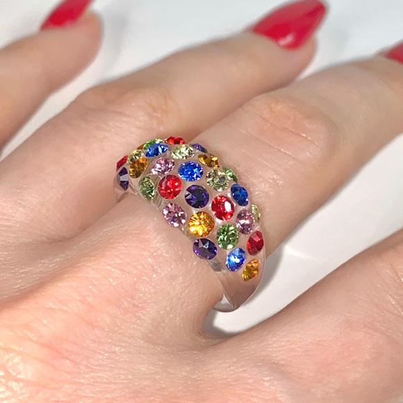 Multicoloured Acrylic Ring Embellished With Genuine Crystal Stone Elements New! - Picture 8 of 12